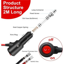 Cigarette Lighter Plug with 2m - 12V/24V Extension Cable 16AWG Copper with LED & 15A Fuse, Car Adapter