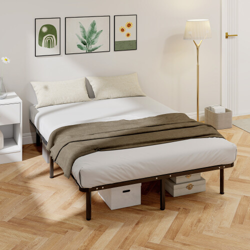 Homcom (L) HOMCOM Bed Frame, Metal Platform Bed Frame with 28 Wood Slats