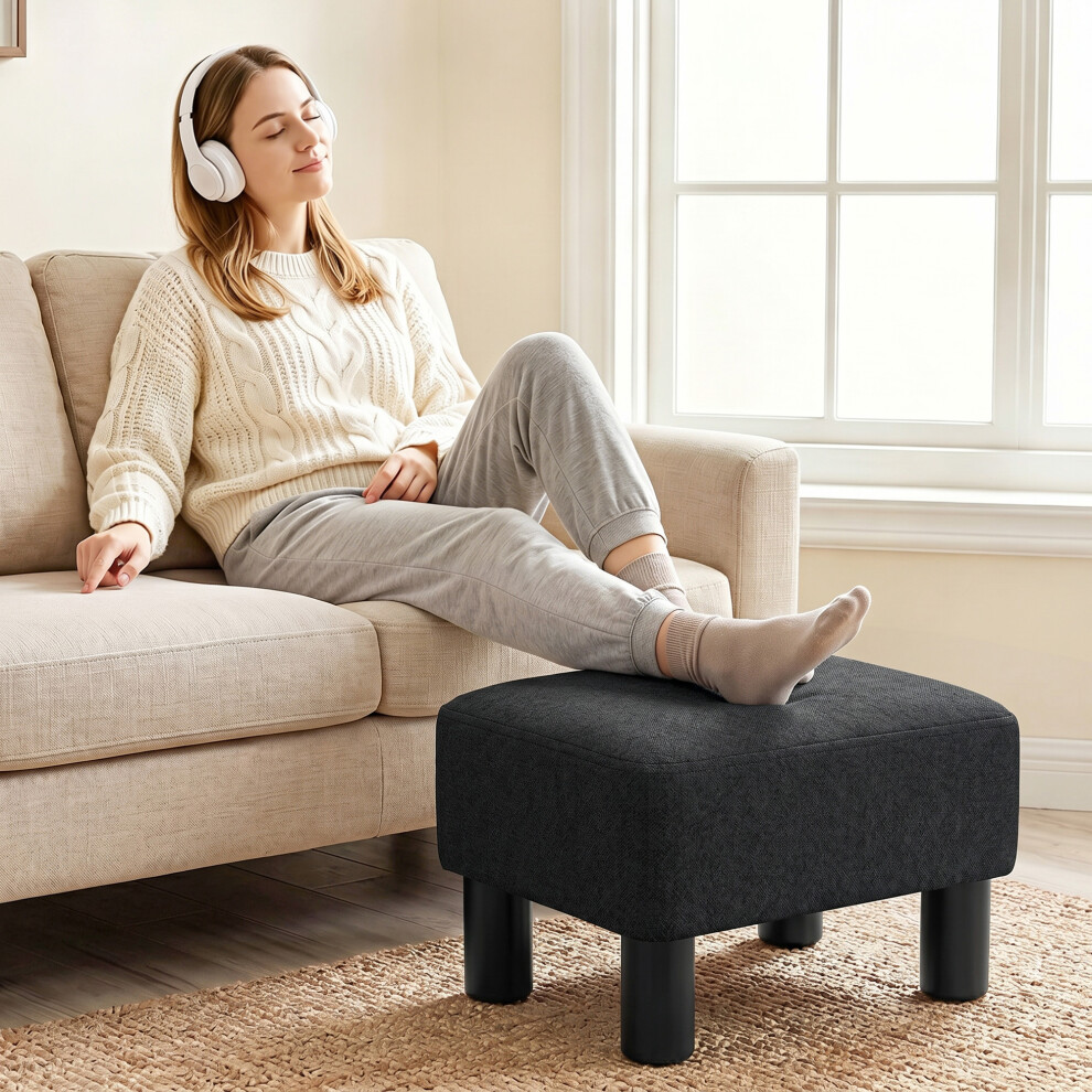 Homcom (Black) Chic Linen Fabric Foot Stool Ottoman Cube With Legs