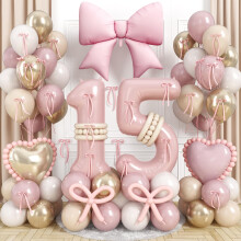 Pink Number 15 Balloon 40 Inch, Dusty Blush Pink Gold White Sand Latex Balloons Large 15 Digital Bow Heart Foil Balloon with ribbon bow for Girls Wom