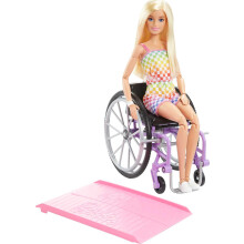 Barbie Doll with Wheelchair and Ramp, Kids Toys and Gifts, Blonde, Barbie Fashionistas, Rainbow Romper, Clothes and Accessories, HJT13
