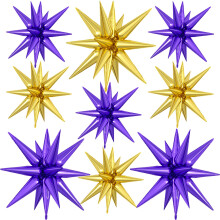 9Pcs Purple and Gold Star Balloons, Large Explosion Foil Balloons, Metallic Mylar Spike Balloon for Graduation Birthday Anniversary Wedding Disco Par
