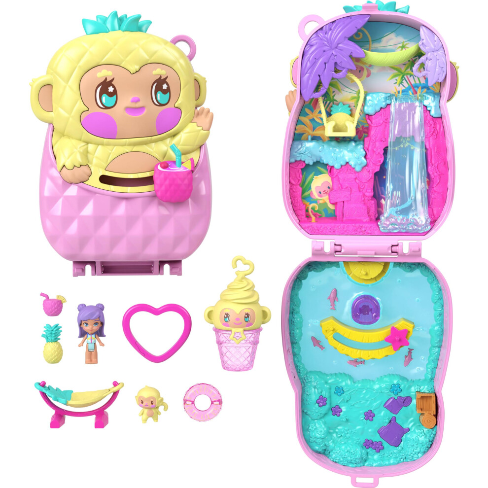 Polly Pocket Dolls And Playset, Pineapple Monkey Compact, Travel Toy With 1 Micro Doll, Pet, Hammock, Fruit Themed Accessories, Jkc49