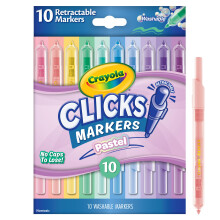 CRAYOLA Clicks - 10 Washable Retractable Capless Felt Tip Markers Assorted Pastel Colouring Pens 2 in 1 Conical Tip for School Home and Travel, Kids