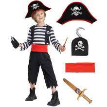 IKALI Kids Pirate Costume, 6 Pcs Boys Caribbean Captain Dress Up Costumes Fancy Striped Outfit for Children Halloween 3-10Y