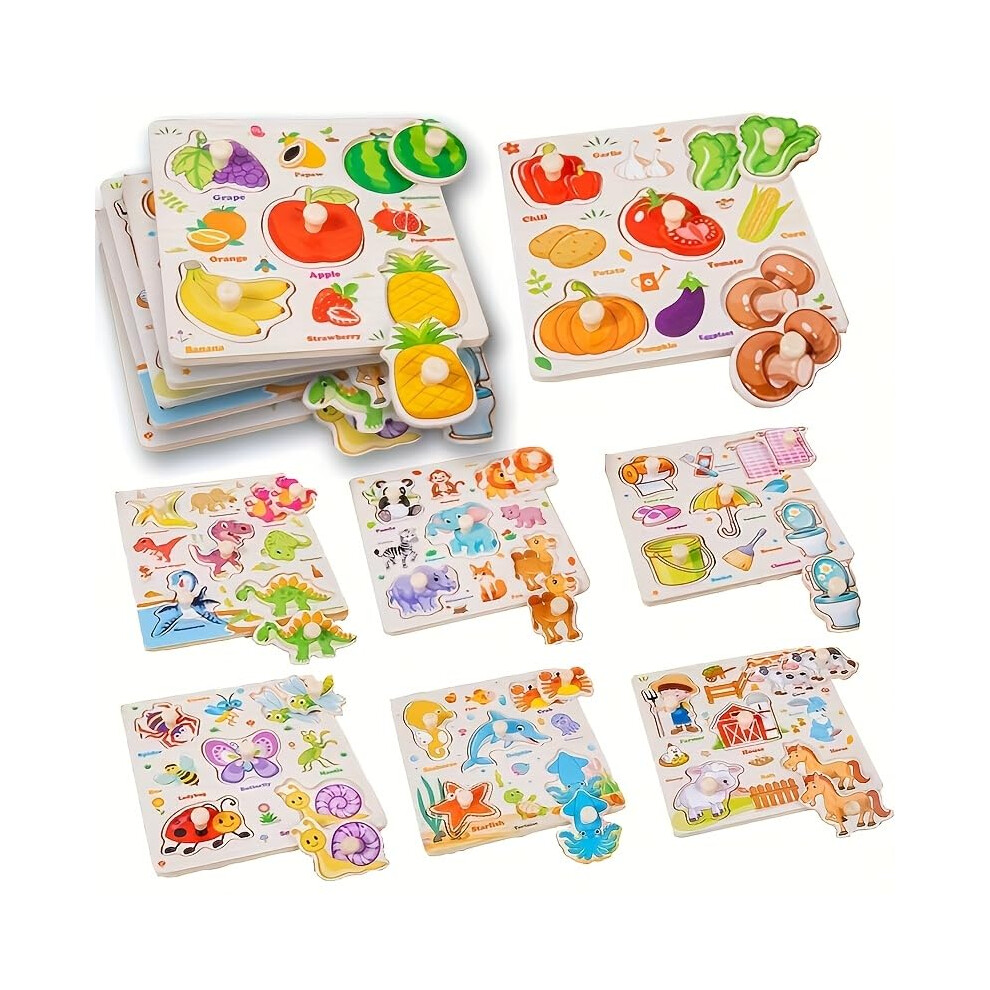 Wooden Peg Puzzle for 2+ year olds, 8Pcs Baby Peg Puzzles 1+, Learning Puzzles Set- Animals, Dinosaur, Fruits, Vegetable, Insect Great Preschool Gift-image-OPC-PVMNVJD-NEW