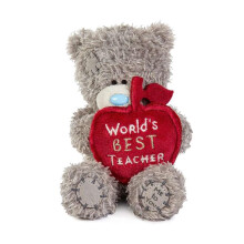 Me To You Tatty Teddy Plush 10cm-High Thank You Teacher Bear Holding 'World's Best Teacher' Apple - Official Collection, Grey