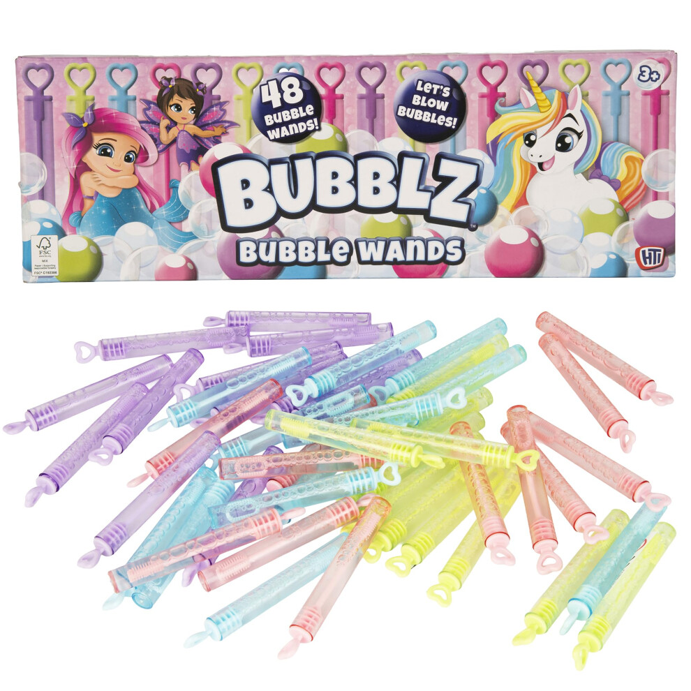 Hti Bubblz 48-Pack Pastel Bubble Solution With Wands | Mini Bubble Bottles With Stick Wands For Kids | Ideal For Party Bag Fillers, Outdoor Play & Birthd