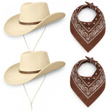 Cowboy Cowgirl Hats Pack of 2 Felt Western Unisex (2 Sand Hats and Matching Bandanas) Texas Texan Costume Accessories for Women, Men, Adults Wild Wes