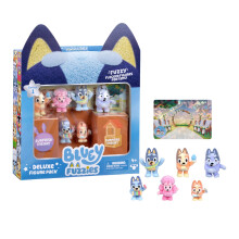 Bluey Fuzzies Deluxe Figure Pack. With 6 Specially Flocked Collectible Mini-Figures. Incl. 2 Surprise Figures (Blind Pack), Trading Card, and Collect