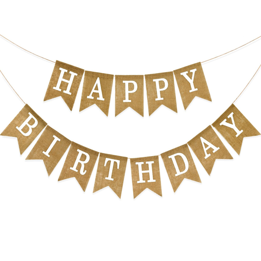 G2plus White Happy Birthday Burlap Bunting Banner - Reusable Hessian Pentagon Banner With Letters For Birthdays