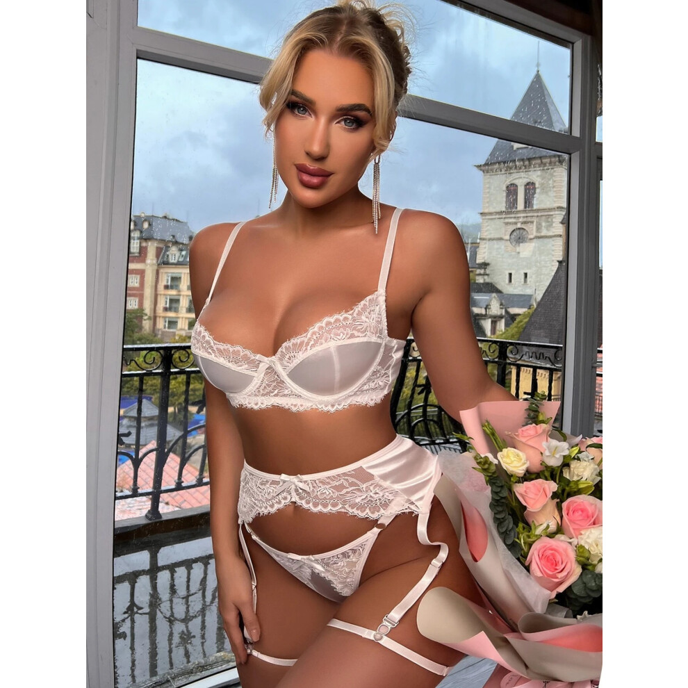 (White, S) Lace Suspender Set Lace ultra-thin sexy white hollow bra and suspenders four-piece sexy set