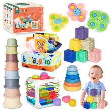 MutoToy Baby Toys 6 Months Plus, 6 in 1 Montessori Toys, 42PCS Sensory Toys with Stacking cups, Suction Cup Spinner Toys, Baby Tissue Box Toy, Shape