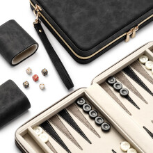 Lingle 9.4" Backgammon Sets for Adults, Classic Board Game with Folding Faux Leather Backgammon Case, Portable Travel Backgammon Game Set (Black)