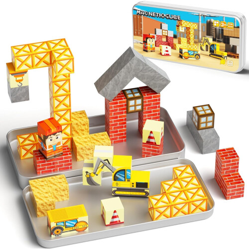 Magnetic Blocks Travel Set for Kids 35pcs: Engineer Iron Case Creative Play