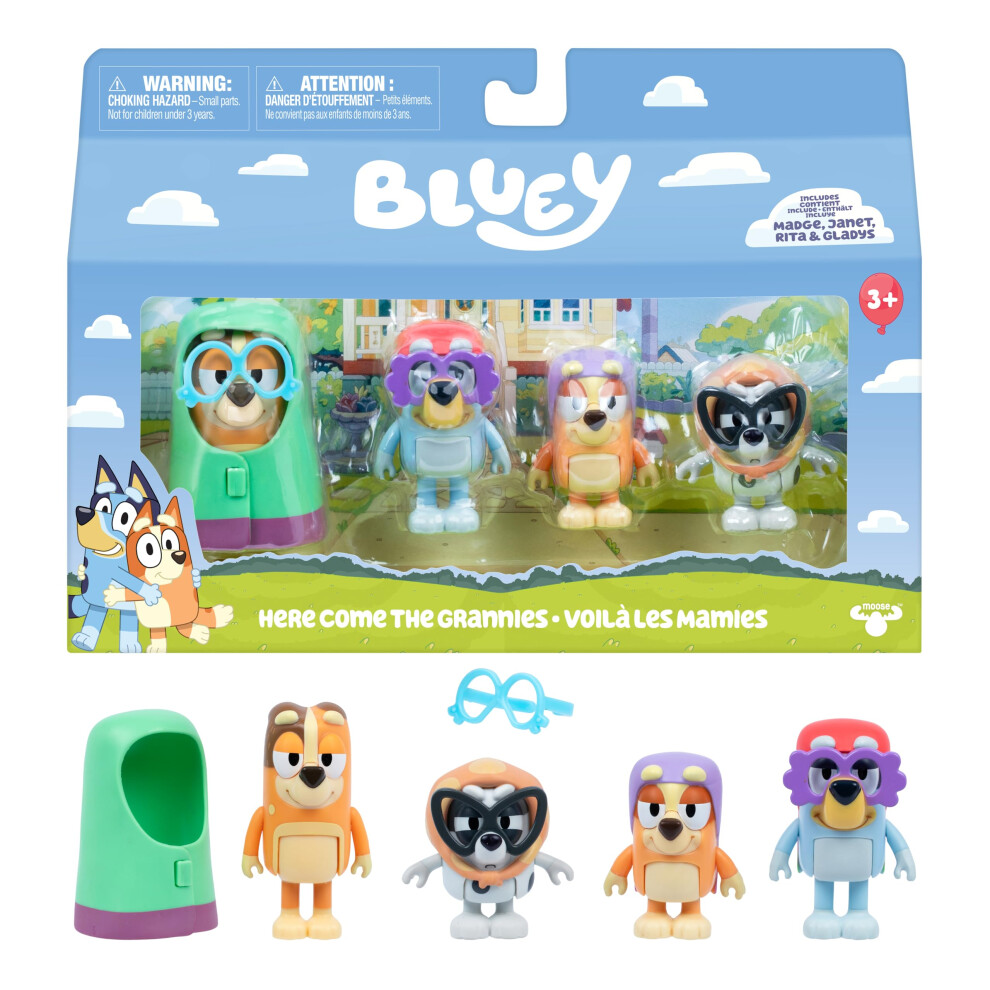 Bluey Figure 4-Pack Here Come The Grannies. 4 Episode-Themed Figures With Moving Arms & Accessories, 2.5-3" (6-7.6 Cm) Poseable Toys For Kids. Recrea