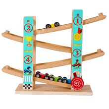 TOWO Pure Wooden Zig Zag Car Ramp - Slide Run with 4 Cars Playset - Click Clack Track Racing Toy for Toddlers Boys Girls Ages 1-4