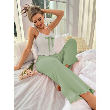 (White + green, XXL) Girls summer wear high waist drawstring belly support pants summer outer wear loose casual wide leg pants summer loose trousers