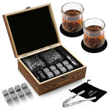 (D) Charcoal Burned Wooden Whiskey Gift Set with Reusable Ice Stones & Whiskey Glasses