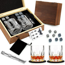 (B) Whiskey Gift Set Wooden Box with Double Glass Cups & Ice Stones