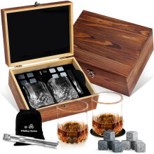 (F) Whiskey Gift Set Natural Ice Wine Stones Glass Cup Wooden Box