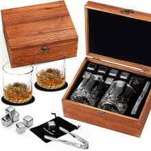 (F) Charcoal Burned Wooden Whiskey Gift Set with Reusable Ice Stones & Whiskey Glasses