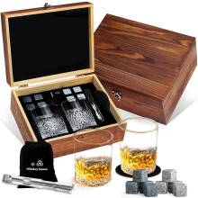 (N) Zestaw prezentowy do whisky, naturalne kamienie lodowe, szklany kubek, drewniane pudełko