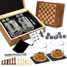 (K) Zestaw prezentowy do whisky, naturalne kamienie lodowe, szklany kubek, drewniane pudełko