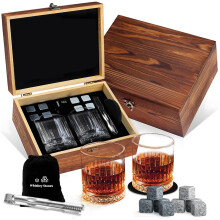 (O) Zestaw prezentowy do whisky, naturalne kamienie lodowe, szklany kubek, drewniane pudełko
