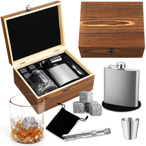 (B) Barware Isstenar Trälåda Set Minikolv i Rostfritt Stål Klassisk Whiskymugg Presentask Set