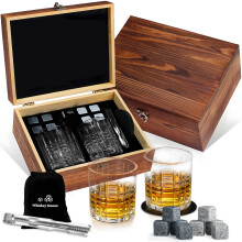(E) Zestaw prezentowy do whisky, naturalne kamienie lodowe, szklany kubek, drewniane pudełko