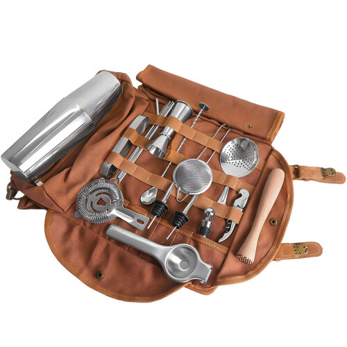 (A) Professional Bartender Canvas Tool Bag Shockproof Crossbody Portable Single Shoulder Barware Storage Kit