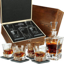 (B) Whiskey Bottle Wooden Box Barware Set Ice Stones Liquor Glass Pine Storage Box