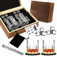 (I) Zestaw prezentowy do whisky, naturalne kamienie lodowe, szklany kubek, drewniane pudełko