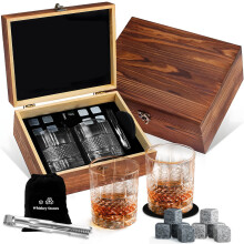 (G) Zestaw prezentowy do whisky, naturalne kamienie lodowe, szklany kubek, drewniane pudełko