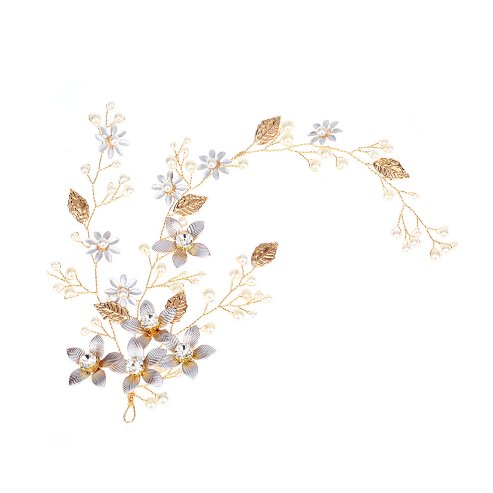 (Gold with White Face) Golden Leaf Floral Headband Bridal Jewelry Wedding Dress Accessories