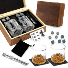 (H) Whiskey Gift Set Natural Ice Wine Stones Glass Cup Wooden Box