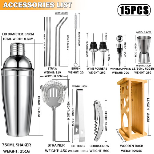 (I) 26-Piece Stainless Steel Cocktail Shaker Set - Complete Bartender Barware Kit