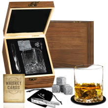 (F) Whiskey Stone Glass Set in Wooden Gift Box – Single Cup Barware Kit