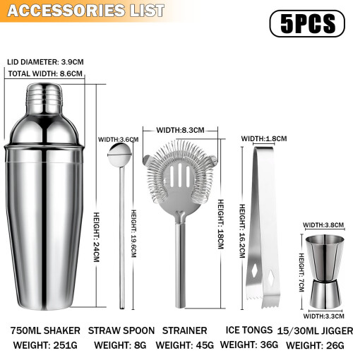(F) 26-Piece Stainless Steel Cocktail Shaker Set - Complete Bartender Barware Kit