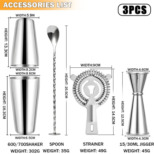 (C) 26-Piece Stainless Steel Cocktail Shaker Set - Complete Bartender Barware Kit