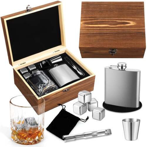 (A) Barware Isstenar Trälåda Set Minikolv i Rostfritt Stål Klassisk Whiskymugg Presentask Set