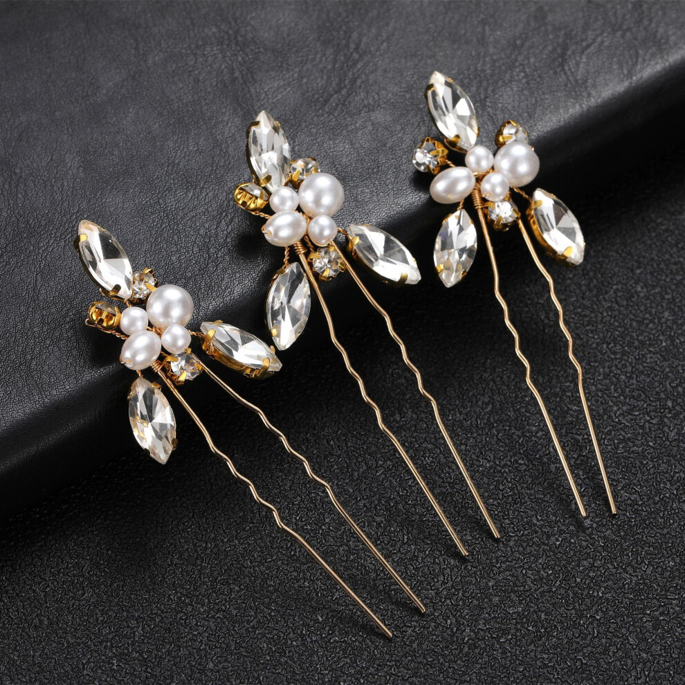 (Gold) Bridal Wedding 3-Piece Set U-Shaped Hairpin & Marquise Pearl Comb
