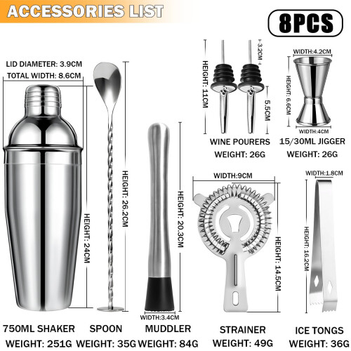 (H) 26-Piece Stainless Steel Cocktail Shaker Set - Complete Bartender Barware Kit
