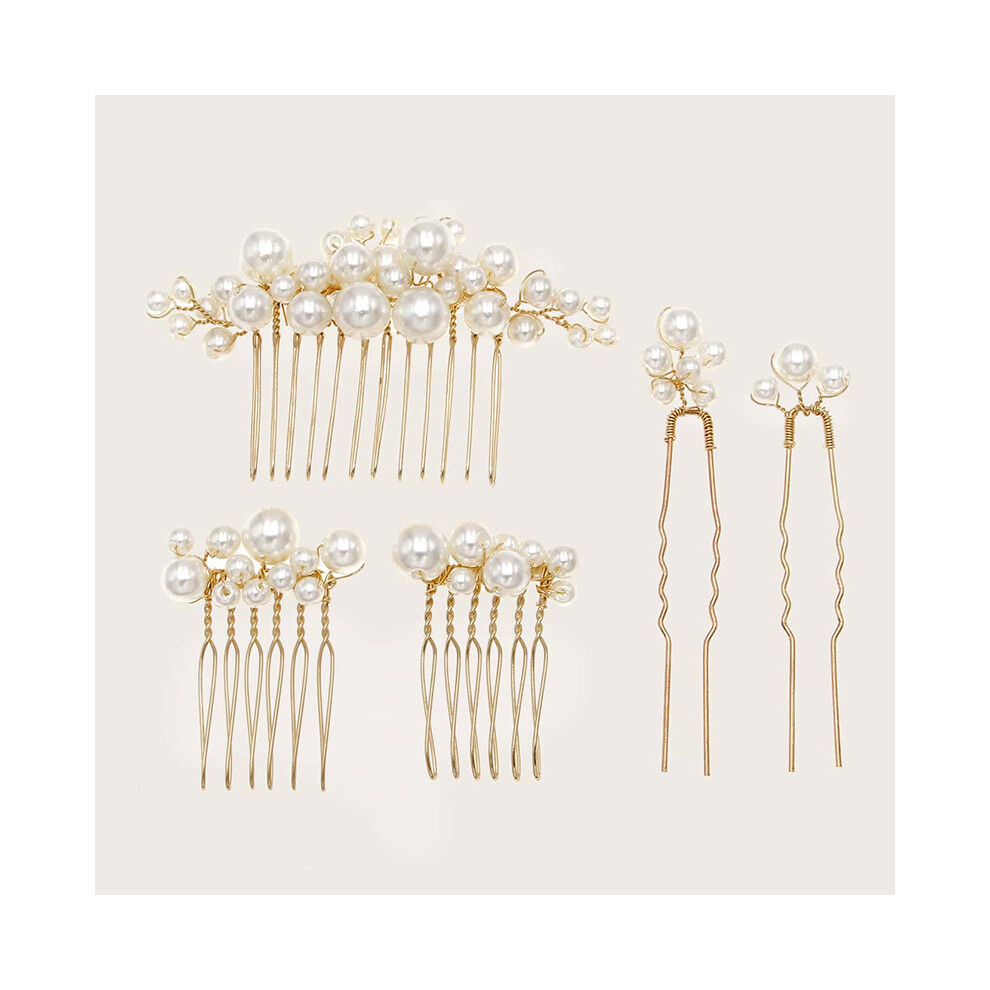 (Gold) Vintage Baroque Pearl Hair Fork Set Bride Hairpin Comb European Wedding Headpiece Accessories
