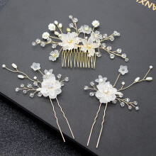 (Gold) Brudehårkammesett 3 stk. håndlagde perleblomster vridde perler hårgaffeltilbehør