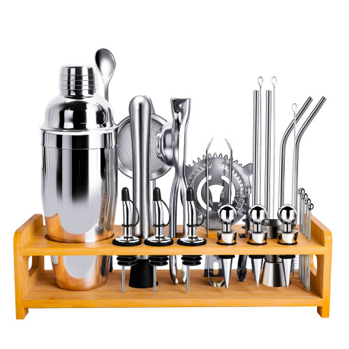 (E) 26-Piece Stainless Steel Cocktail Shaker Set - Complete Bartender Barware Kit