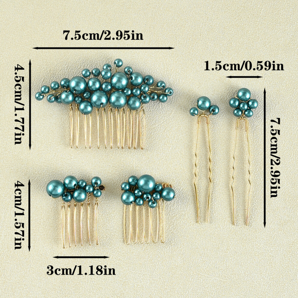 (Green) Vintage Baroque Pearl Hair Fork Set Bride Hairpin Comb European Wedding Headpiece Accessories