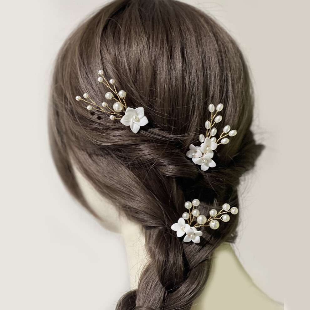 (Set 1) Bridal White Flower U-Shaped Hairpins Set of 3 Wedding Hair Ornaments