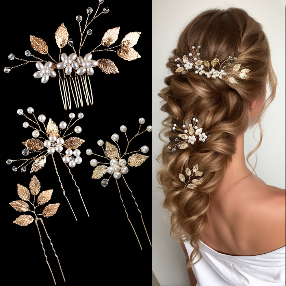 (Gold) Golden Leaf Pearl Hairpin 4-Piece Bridal Set